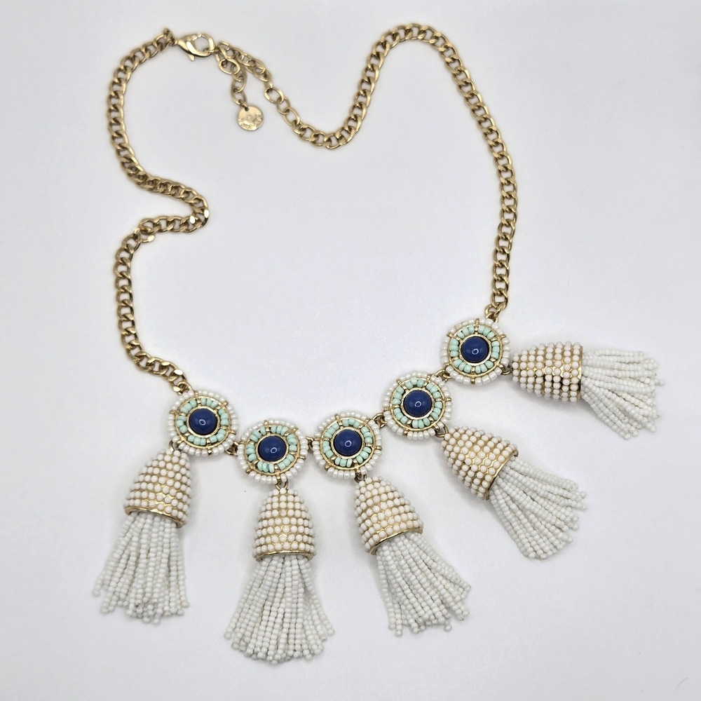 Talbots Tassel Necklace White Blue Beaded Goldtone Southwest Tribal Boho Aztec